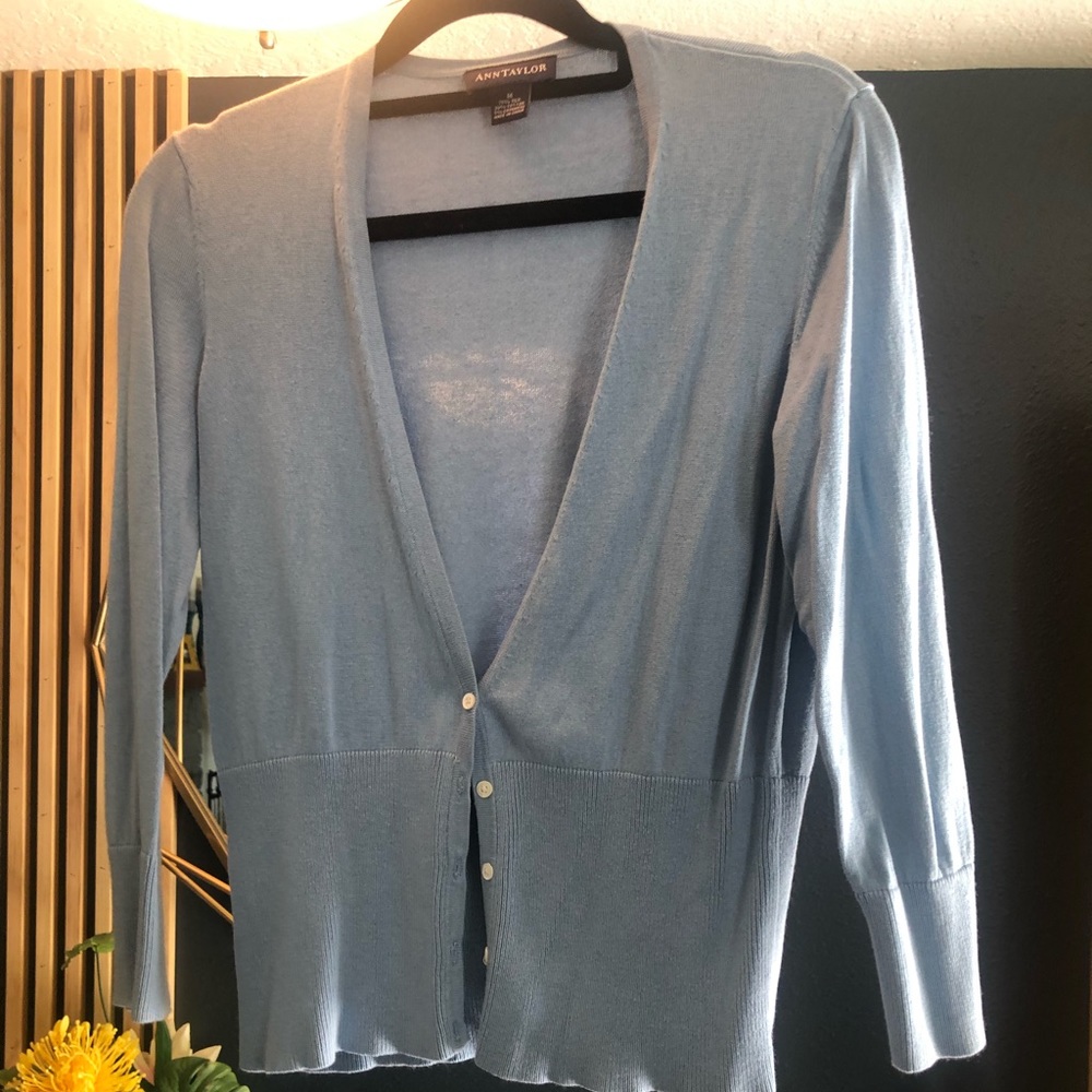 Light blue Ann Taylor cardigan, sz medium, 3/4 sleeves.